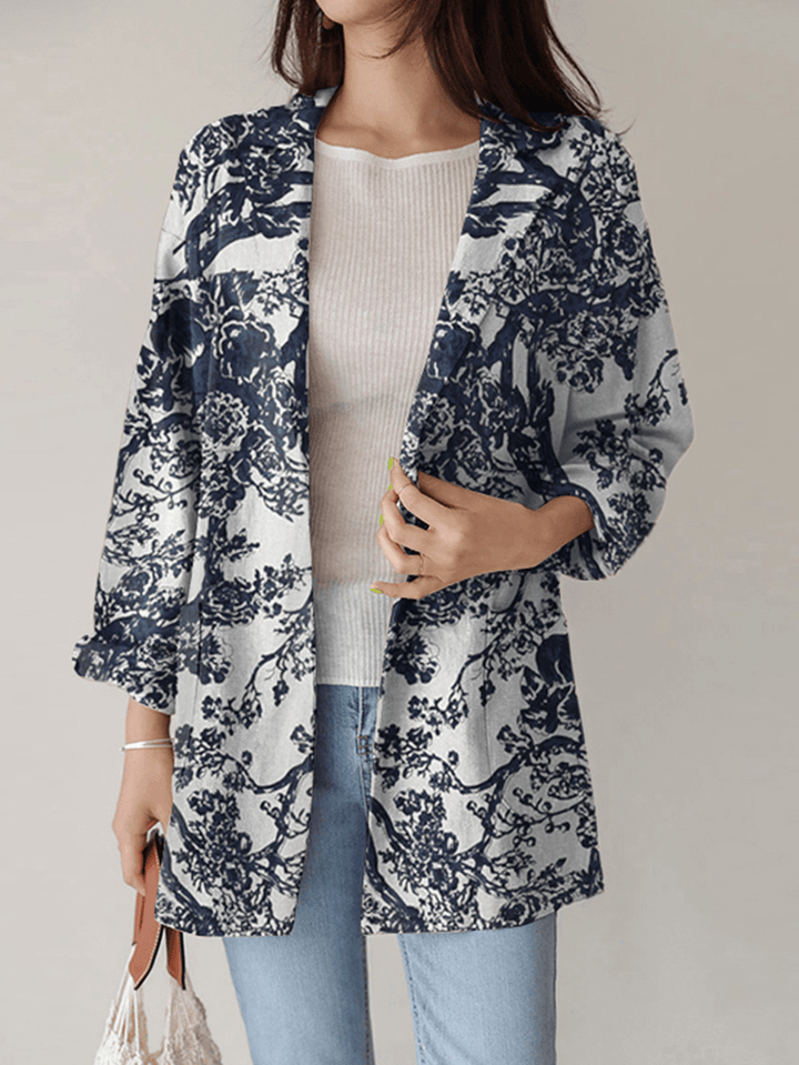 Women Loose Lapel Full Sleeve Floral Casual Side Pockets Coat - MRSLM