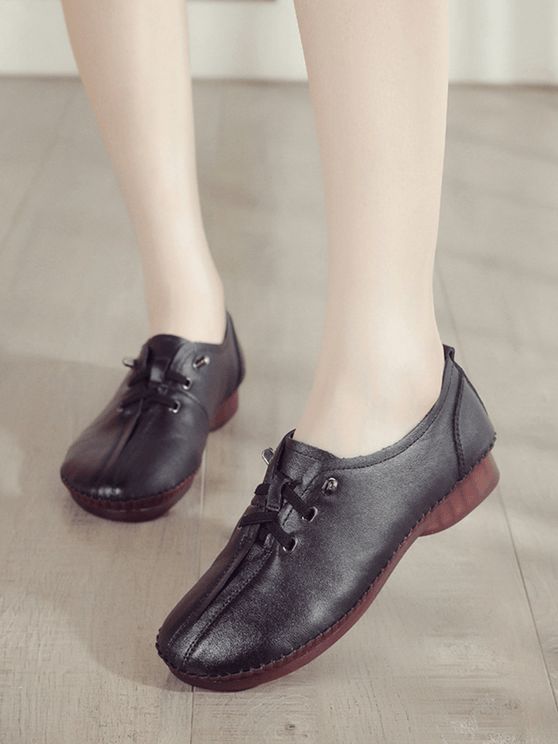 Women Comfy Stitching Genuine Leather Soft Lace up Flats Loafters