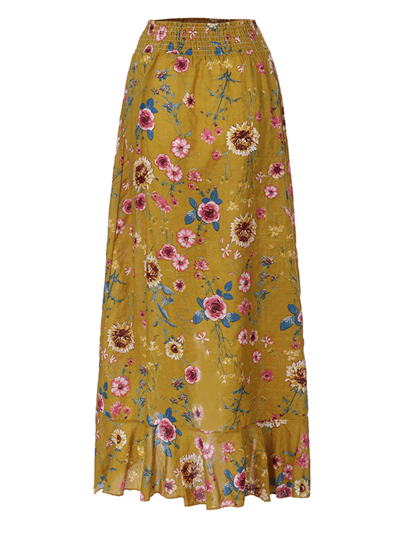 Bohemian Beach Floral Print Elastic Waist Flounce Hem Maxi Skirts