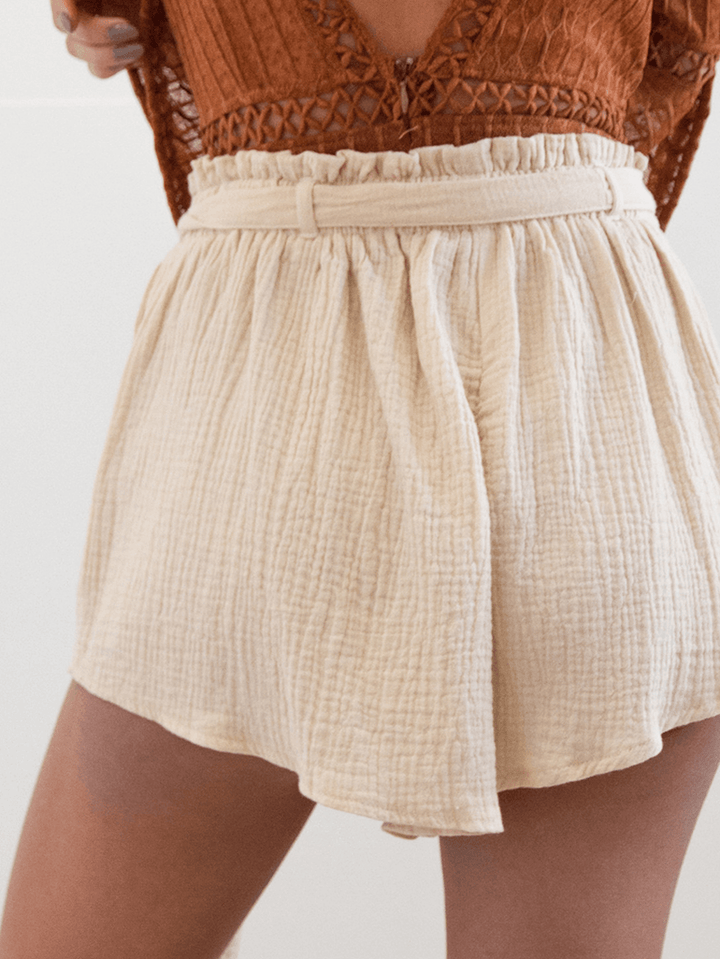 Women Summer Home Ruffle Elastic Waist Wild Casual Shorts with Belt