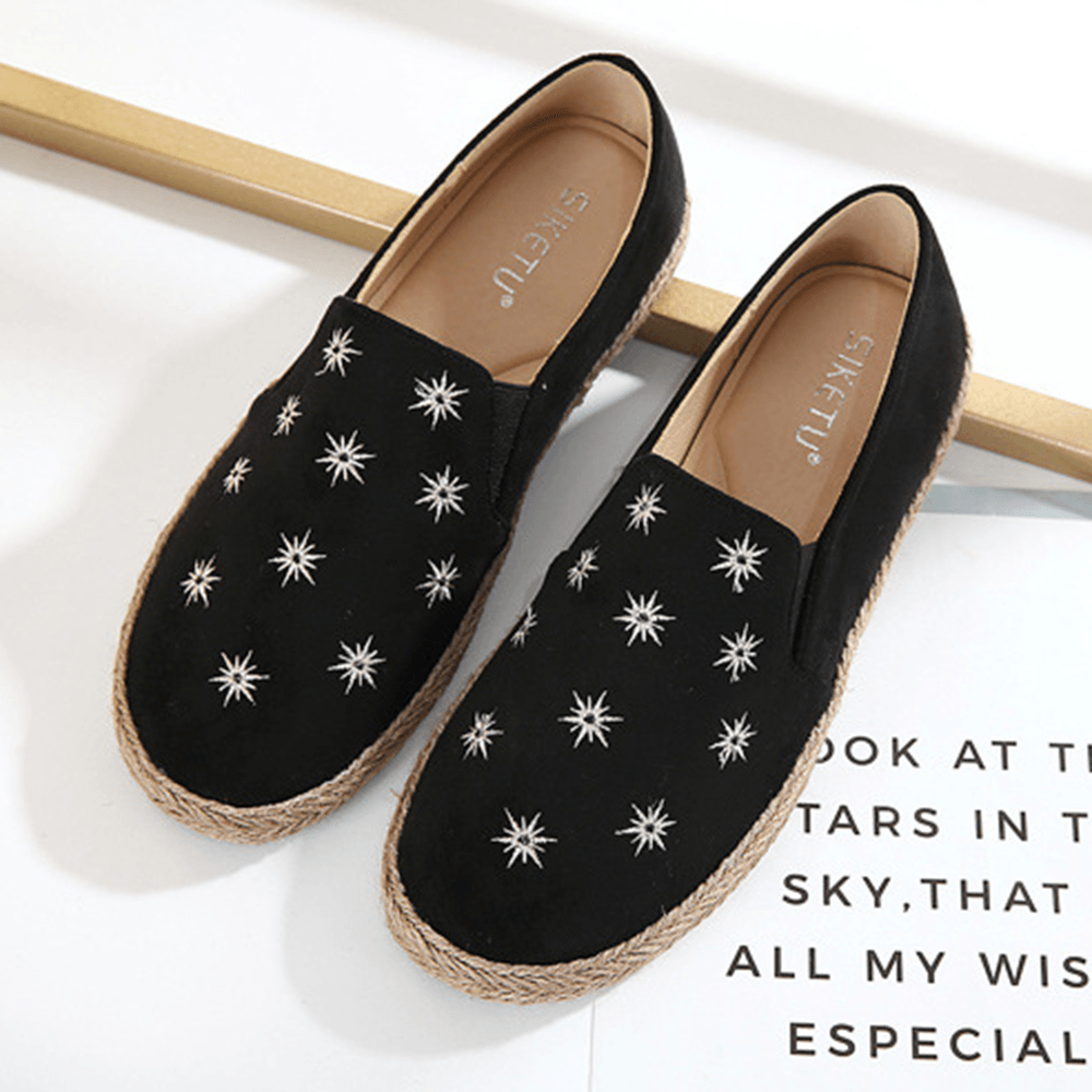 Women Casual Suede round Toe Star Embroidered Espadrilles Fisherman'S Flats Loafers