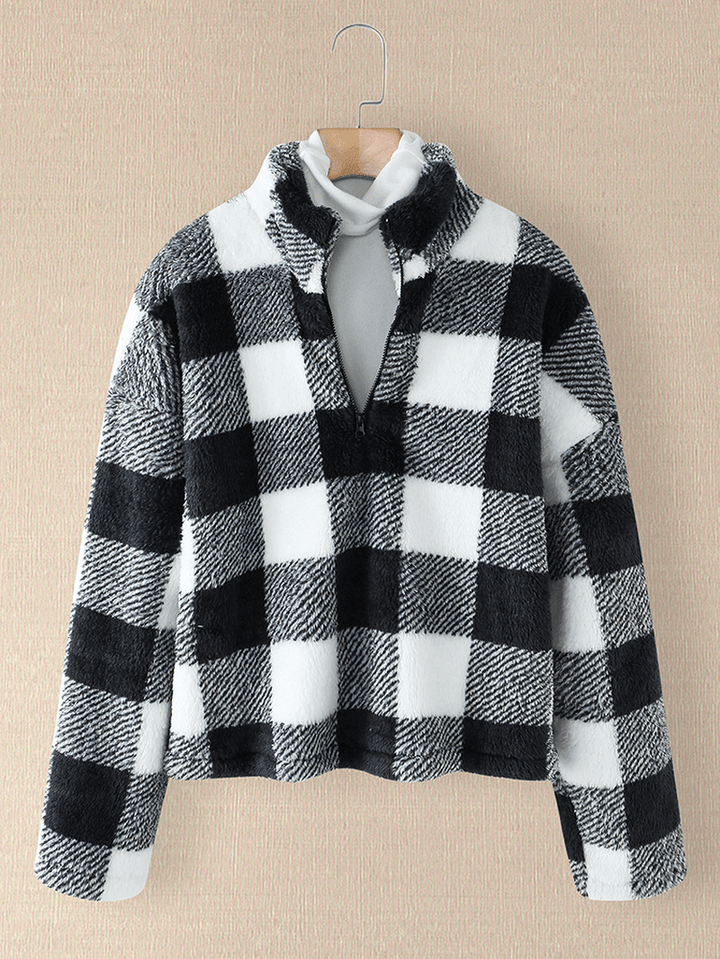 Women Plaid Print Half Zipper Front Pullover Sweatshirts Warm Coats