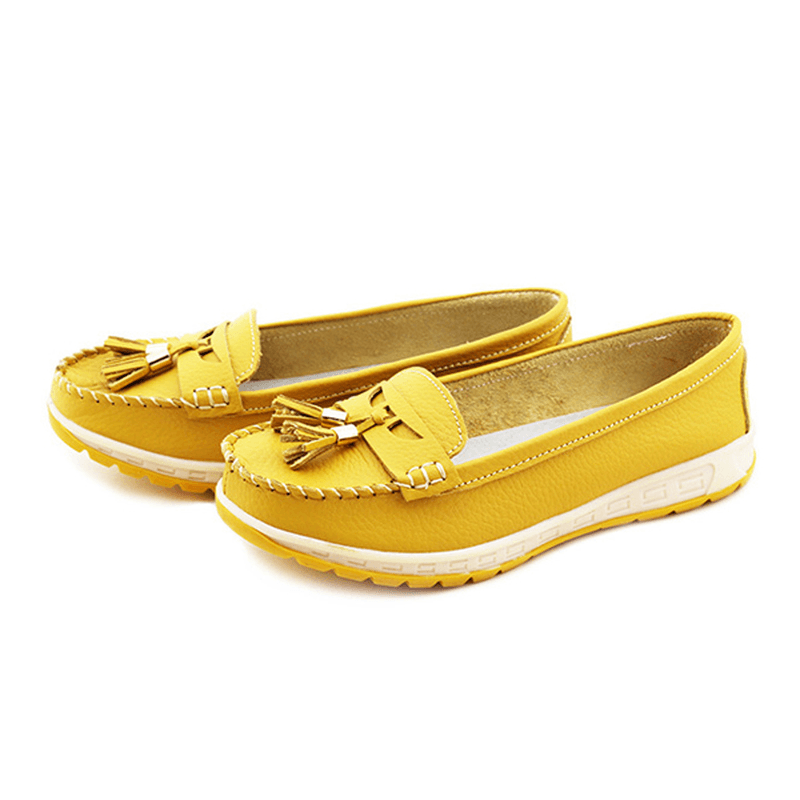 Casual Soft Leather Tassels Flat Shoes Slip on round Toe Loafer Shoes