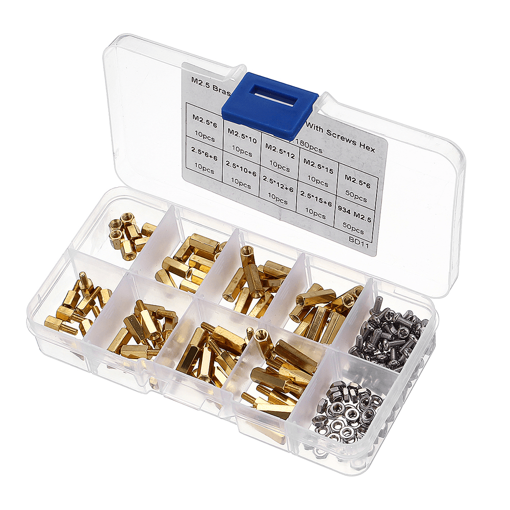 Suleve‚Ñ¢ M2.5BH1 180Pcs M2.5 Brass Male-Female Hex Column Standoff Support Spacer Pillar Cross Screw Nut Assortment for PCB Board