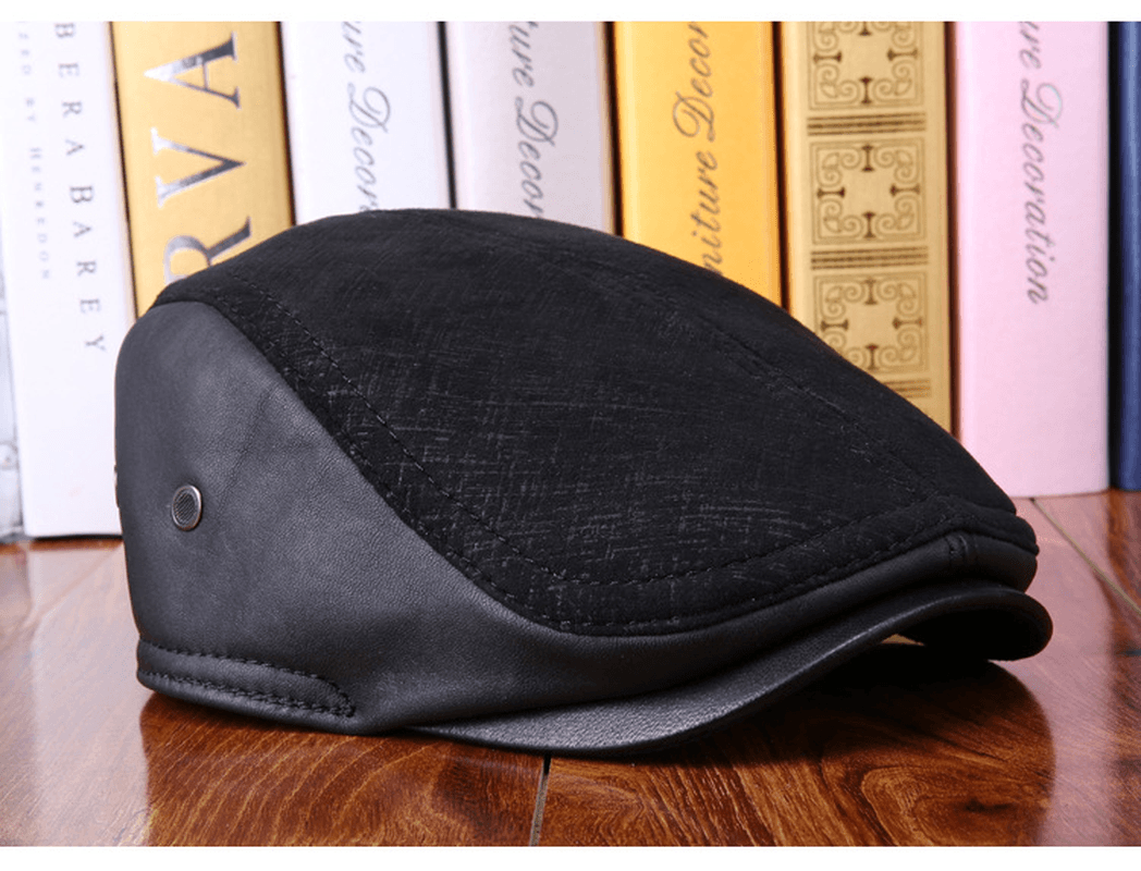 Leather Hat Men'S Sheepskin Ear Protection Leather Suede Beret