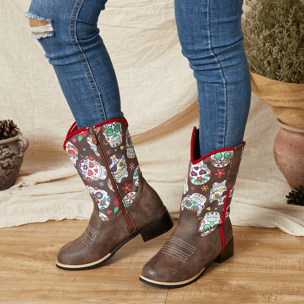 Women Retro Flower Printing Pointed Toe Zipper Mid-Calf Cowboy Boots