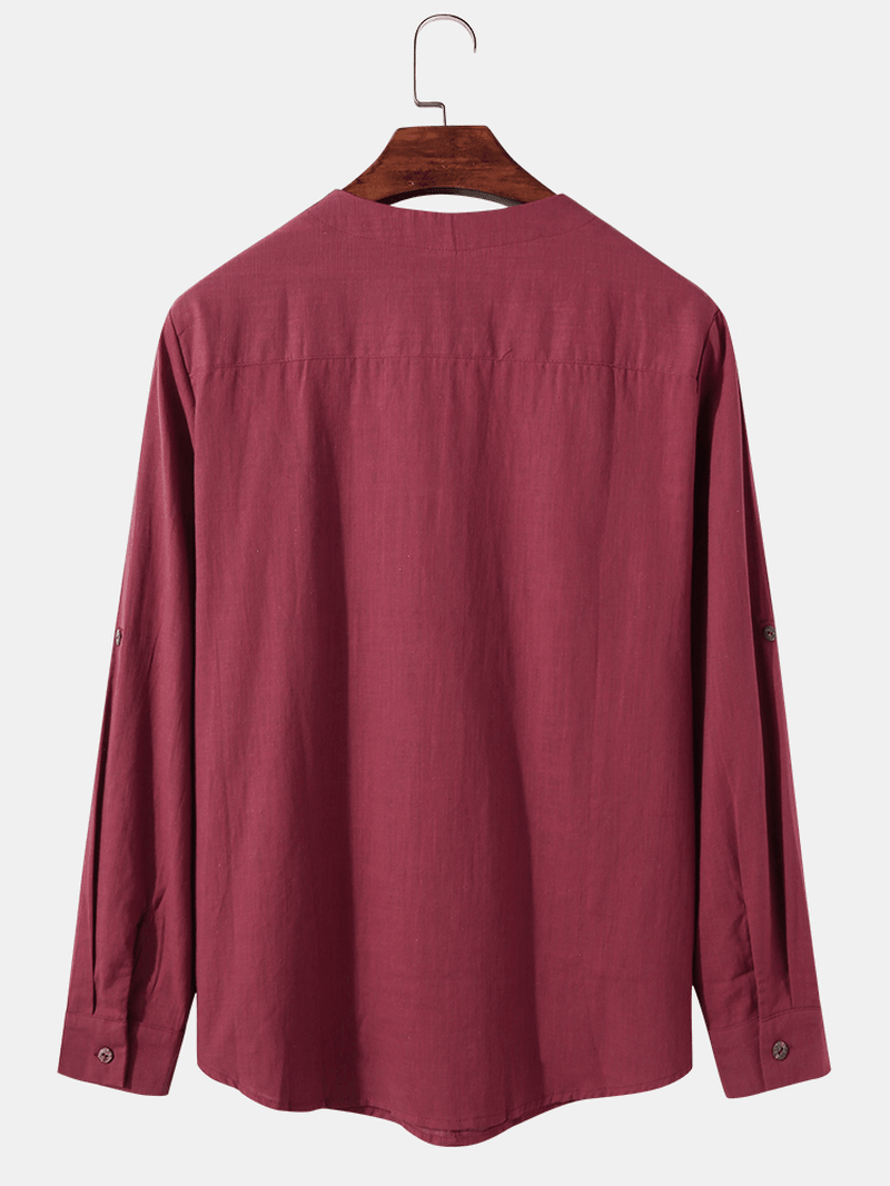 Mens Cotton & Linen Solid Color Long Sleeve Simple Henley Shirts