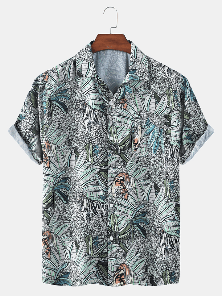 Mens Tropical Leaves Print Hawaii Casual Short Sleeve Shirts