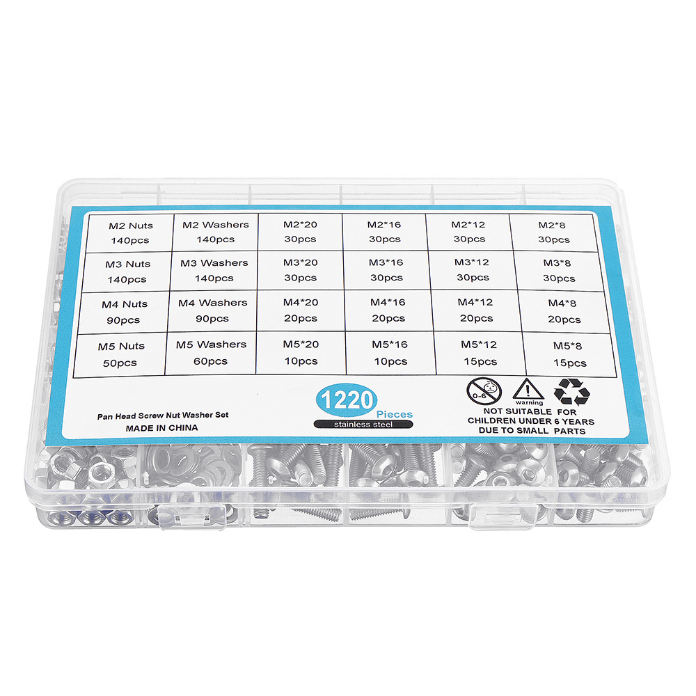 Suleve MXSH9 1220Pcs Stainless Steel Hex Socket Pan Head Screws Bolt Nuts Washers Assortment Kit M2 M3 M4 M5