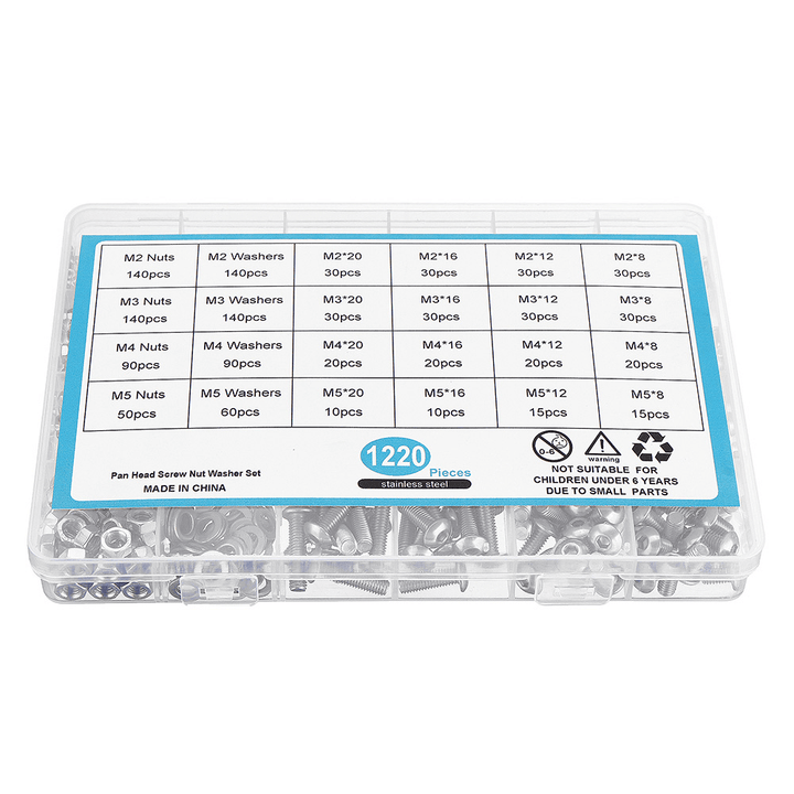 Suleve MXSH9 1220Pcs Stainless Steel Hex Socket Pan Head Screws Bolt Nuts Washers Assortment Kit M2 M3 M4 M5