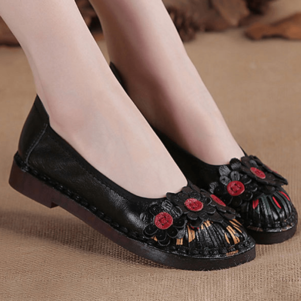 Women Retro Flowers Decor Handmade Stitching Non Slp Soft Sole Loafers