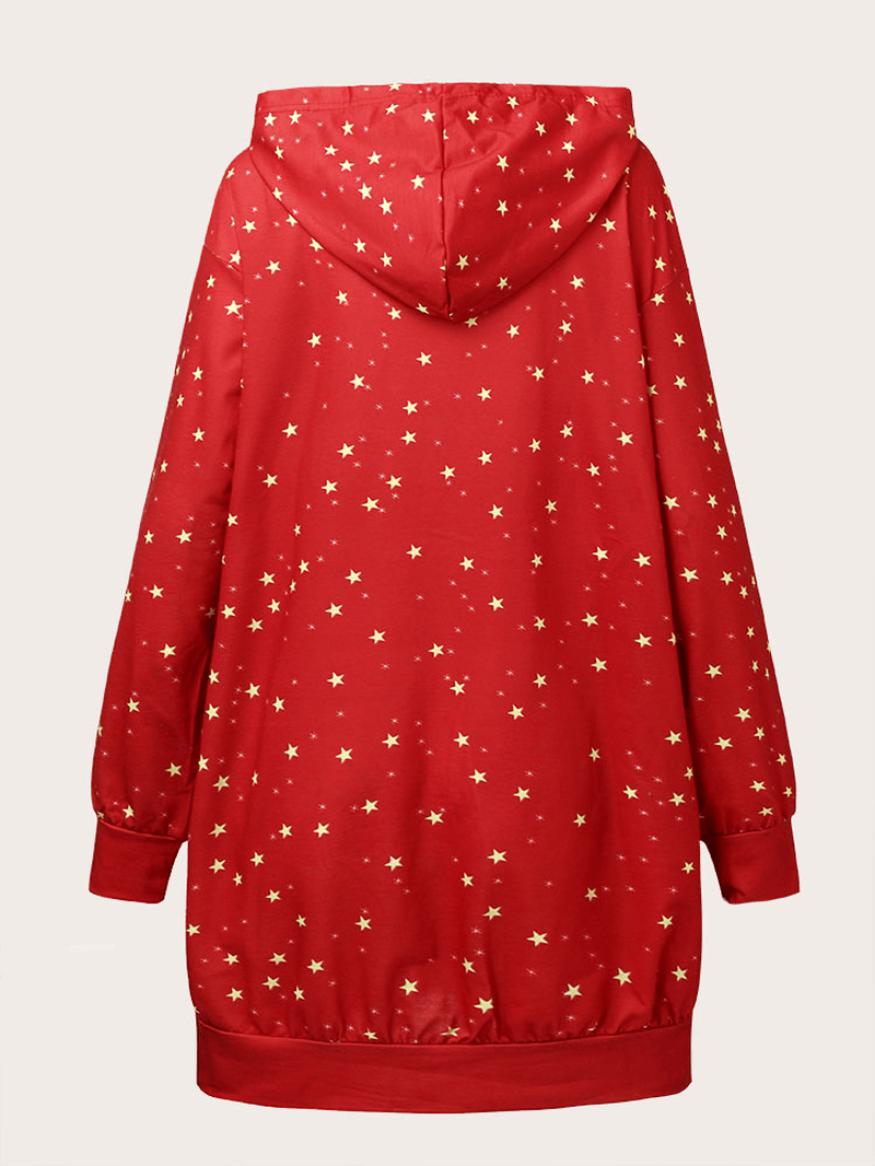 Women Christmas Cartoon Pattern Pocket Print Star Spot Long Sleeve Hooded Sweatshirt