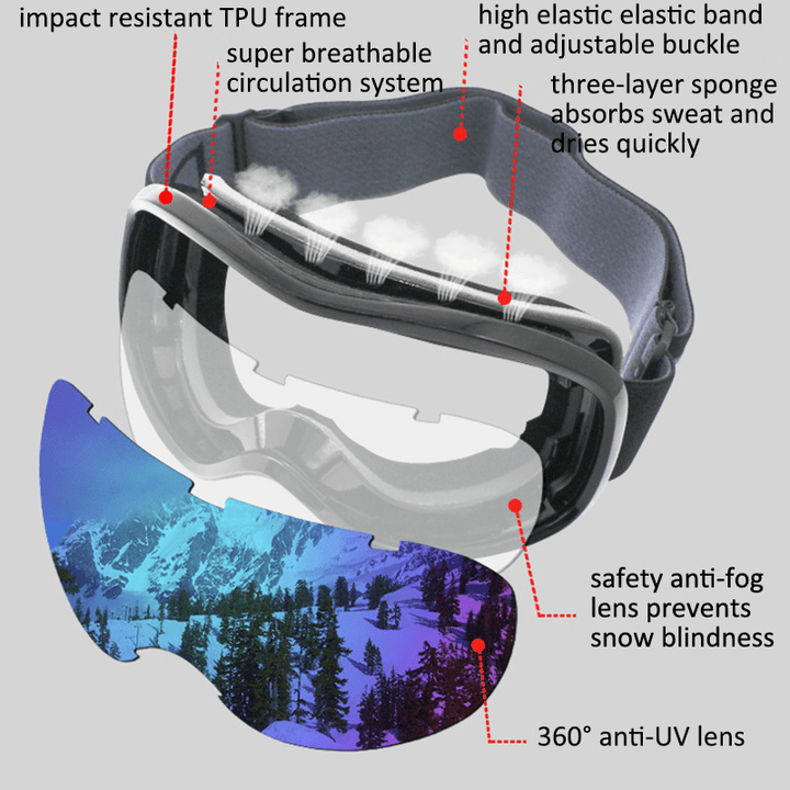 Unisex Double-Layer Ski Goggles Large Field of View Spherical Professional Dual-Lens Anti-Fog Windproof Goggles