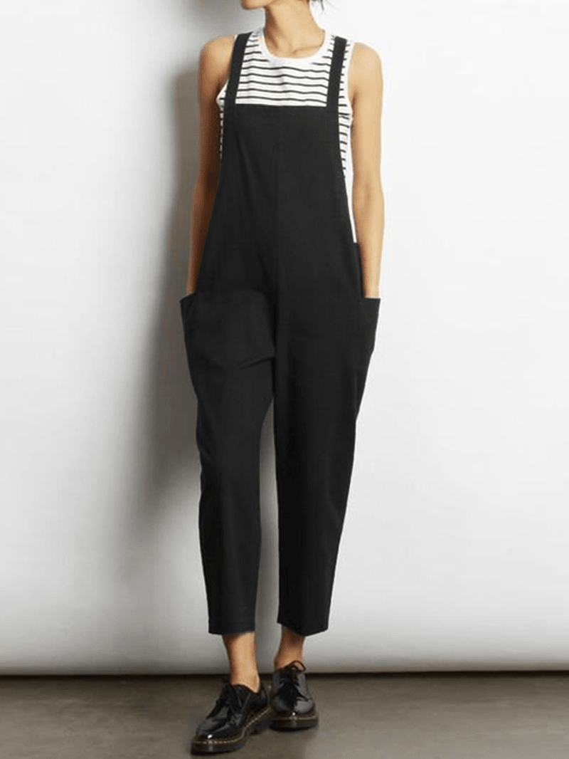 Women Sleeveless Cross Back Overalls Jumpsuit with Pockets