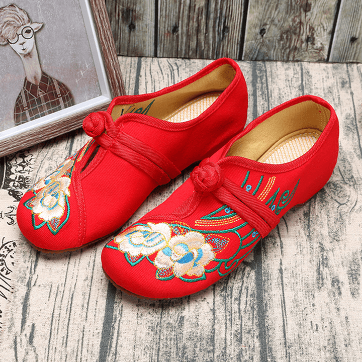 Women Lace up Cloth Chinese Embroidered Flower Flat Loafers