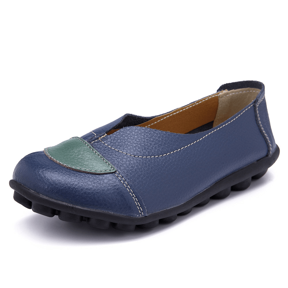 Women V Shaped Stitching Leather Casual Flat Loafers Shoes - MRSLM