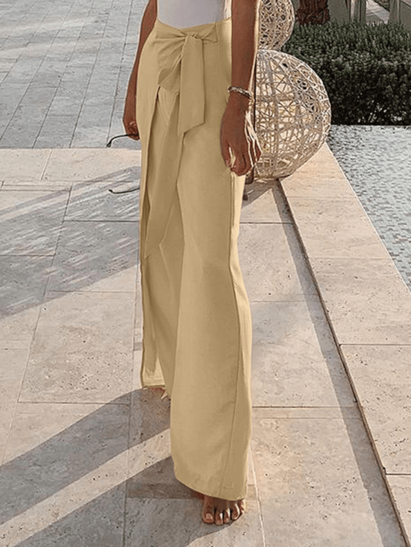 Solid Color High Waist Bandage Zipper Irregular Women Casual Wide Leg Pants