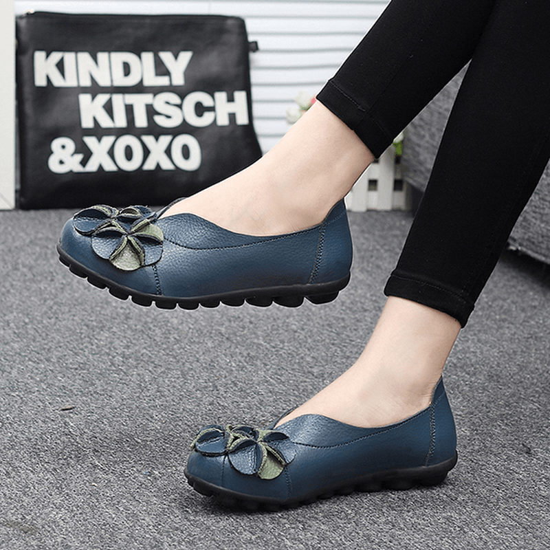 US Size 5-13 Women Flower Flat Shoes Casual Outdoor Leather Slip on round Toe Loafers