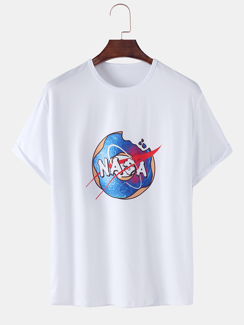 Mens 100% Cotton Astronaut Planet Print round Neck Casual Short Sleeve T-Shirts