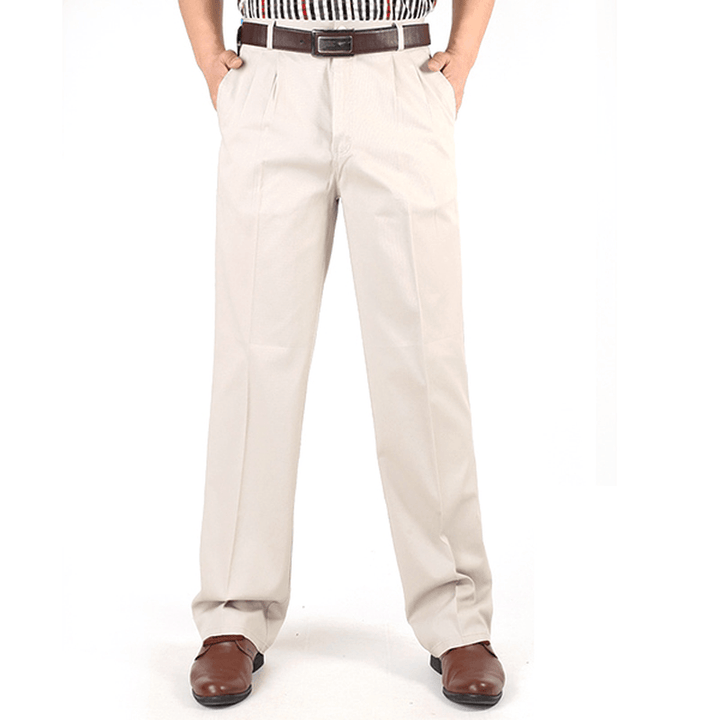 Mens Loose Thin Cotton Work Straight Leg Pants Breathable Wash-And-Wear Casual Slacks