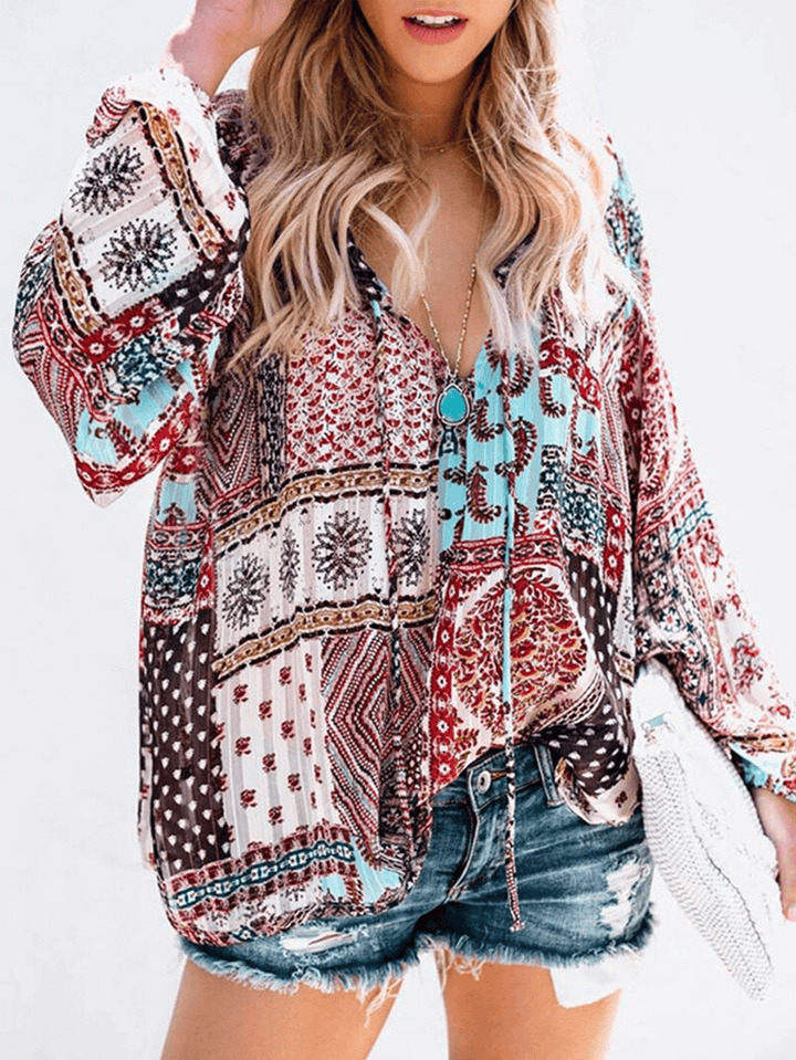 Women V Neck Boho Floral Print Blouse