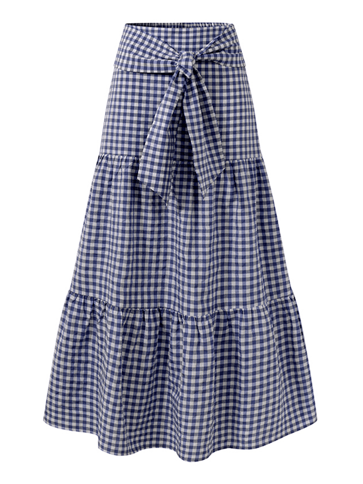 Women Plaid Pleated Lace-Up Elastic Waist Swing Skirts - MRSLM