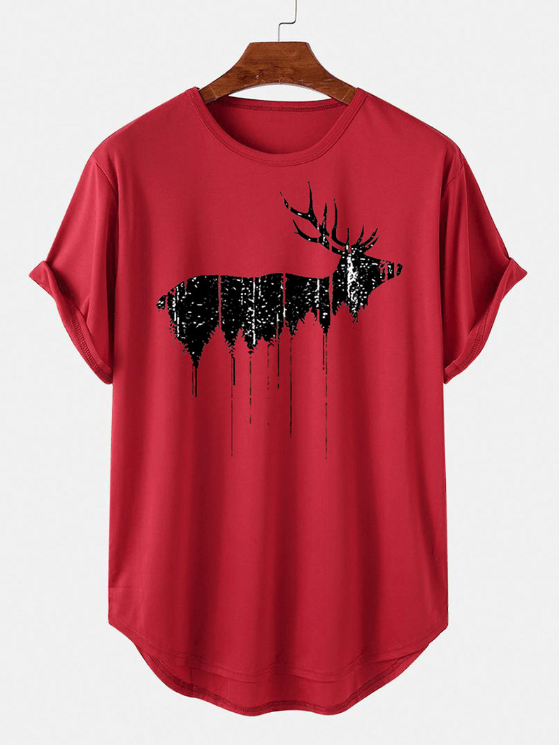 Christmas Mens Design Elk Print Curved Hem Short Sleeve T-Shirts