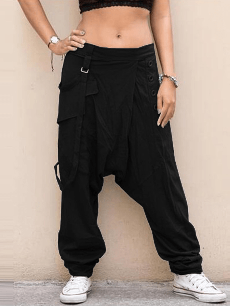 Women Solid Elastic Waist Button Casual Pants - MRSLM