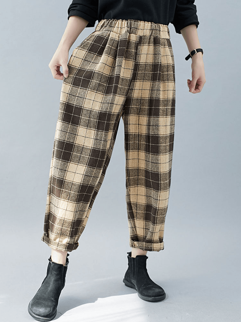 Women Plaid Color Block Elastic High Waist Side Pocket Harem Pants