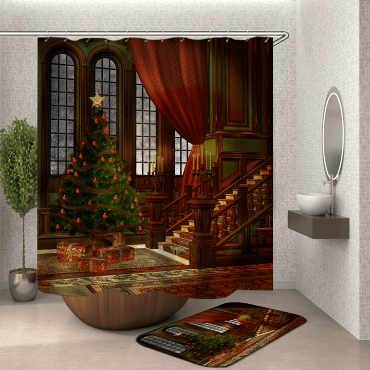 3D Bathroom Sets Christmas Trees Fireplace Shower Curtain Bath Mats Toilet Rugs Anti-Slip Carpet Festival Decor