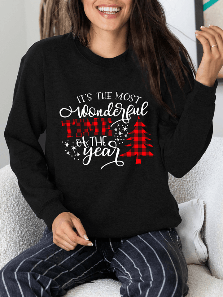 Women Christmas Letter Print O-Neck Drop Shoulder Loose Pullover Sweatshirts