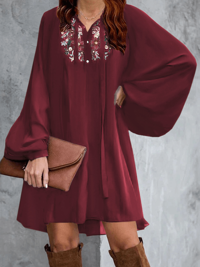 Flowers Embroidery Puff Sleeve Lace-Up Loose Bohemian Mini Dress for Women