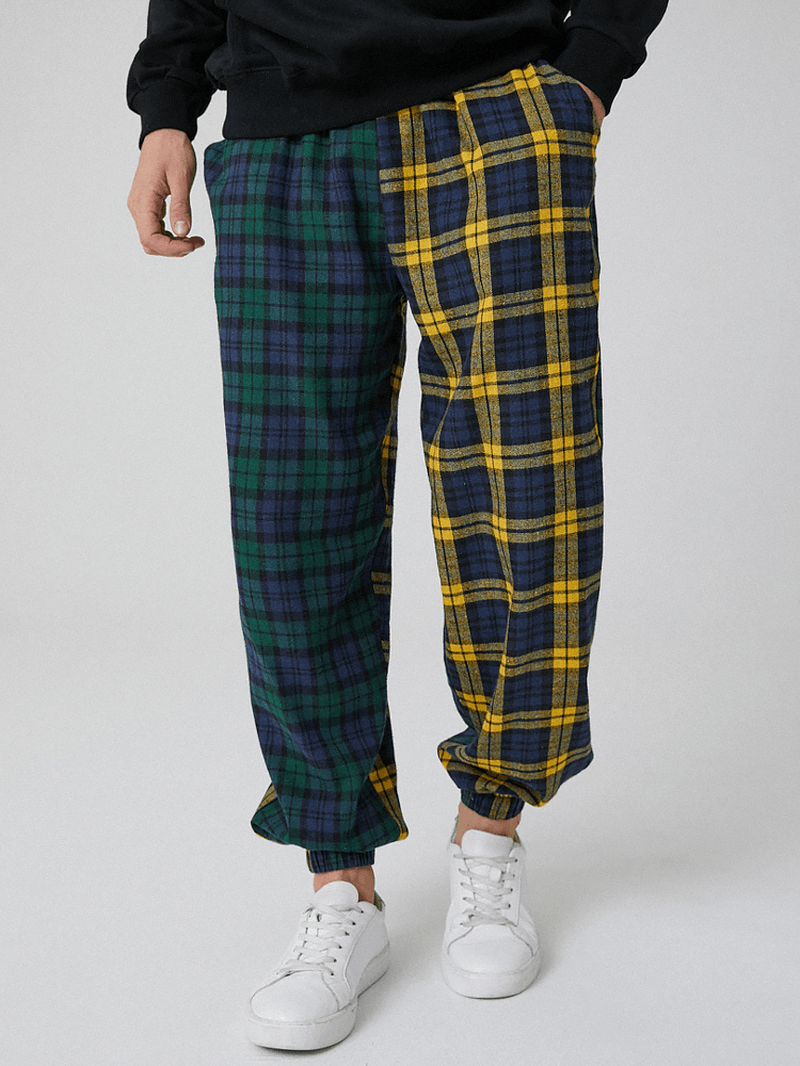 Mens 100% Cotton Contrast Plaid Patchwork Pocket Drawstring Jogger Pants