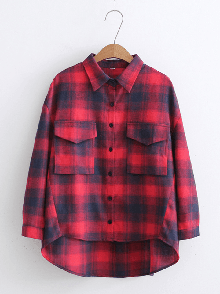 Loose Plaid Long Sleeve Turn-Down Collar Blouse