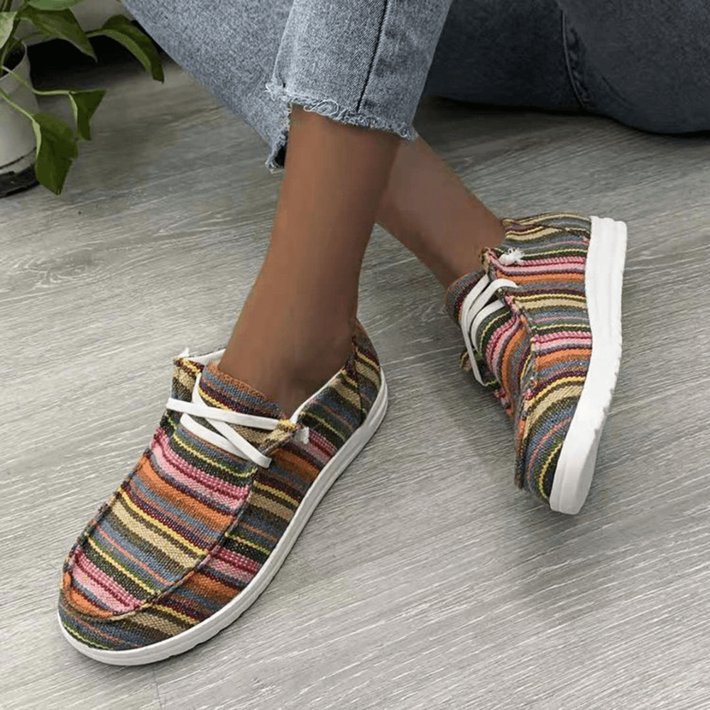 Women Large Size Stripe Printing Leopard Canvas Elastic Band Lace up Casual Flat Shoes