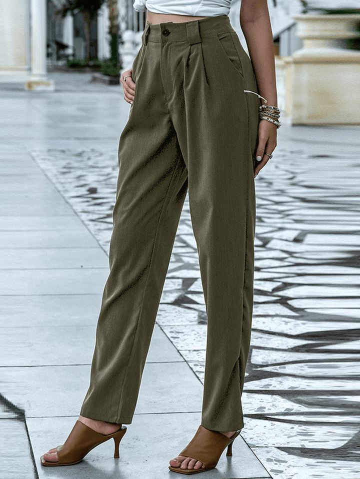 Women Solid Color Pleats Zipper Fly Casual Pants