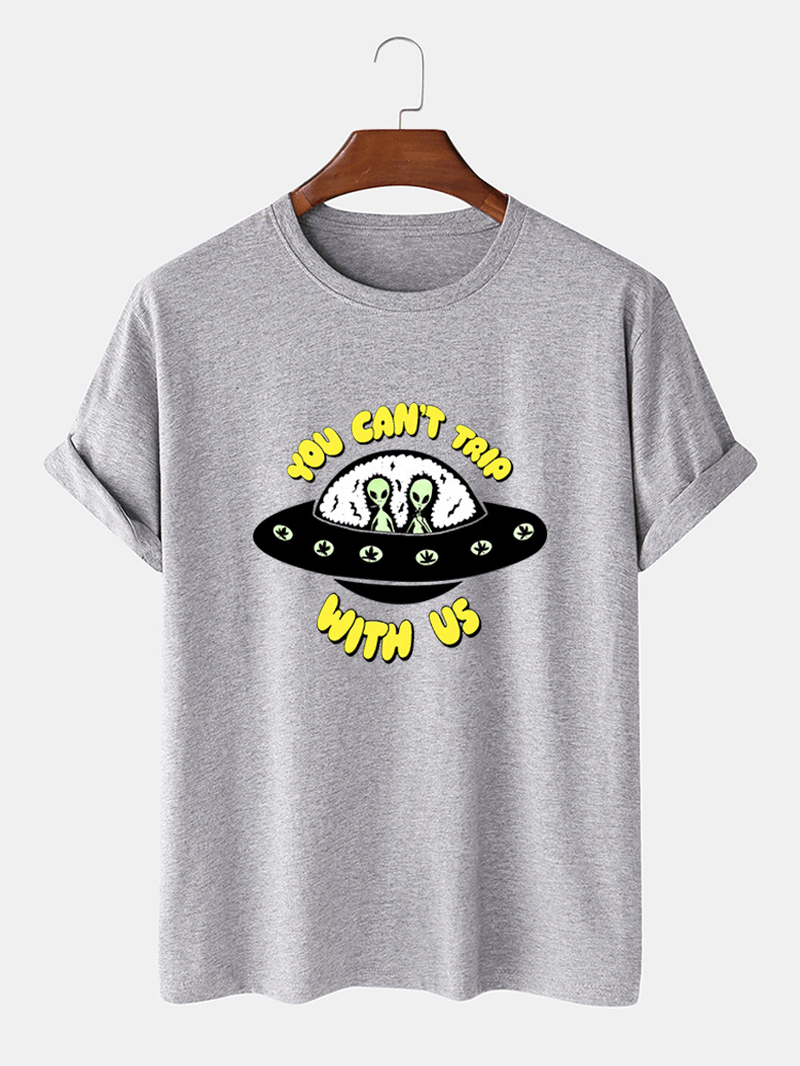 100% Cotton Cartoon UFO & Letter Print Short Sleeve Casual T-Shirts