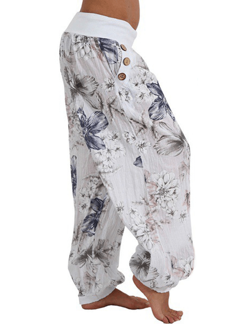 Women Casual Loose Floral Print Button Full Length Pants