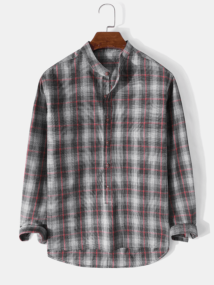 Mens 100% Cotton Plaid Stand Collar Long Sleeve Henley Shirts - MRSLM