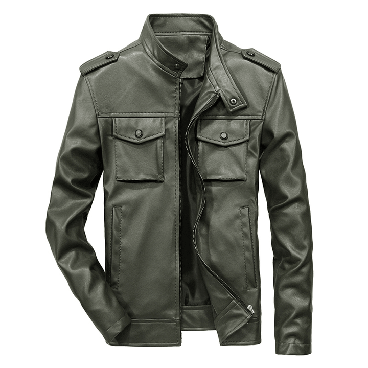 Mens Multi-Pocket Faux Leather Stand Collar Jacket