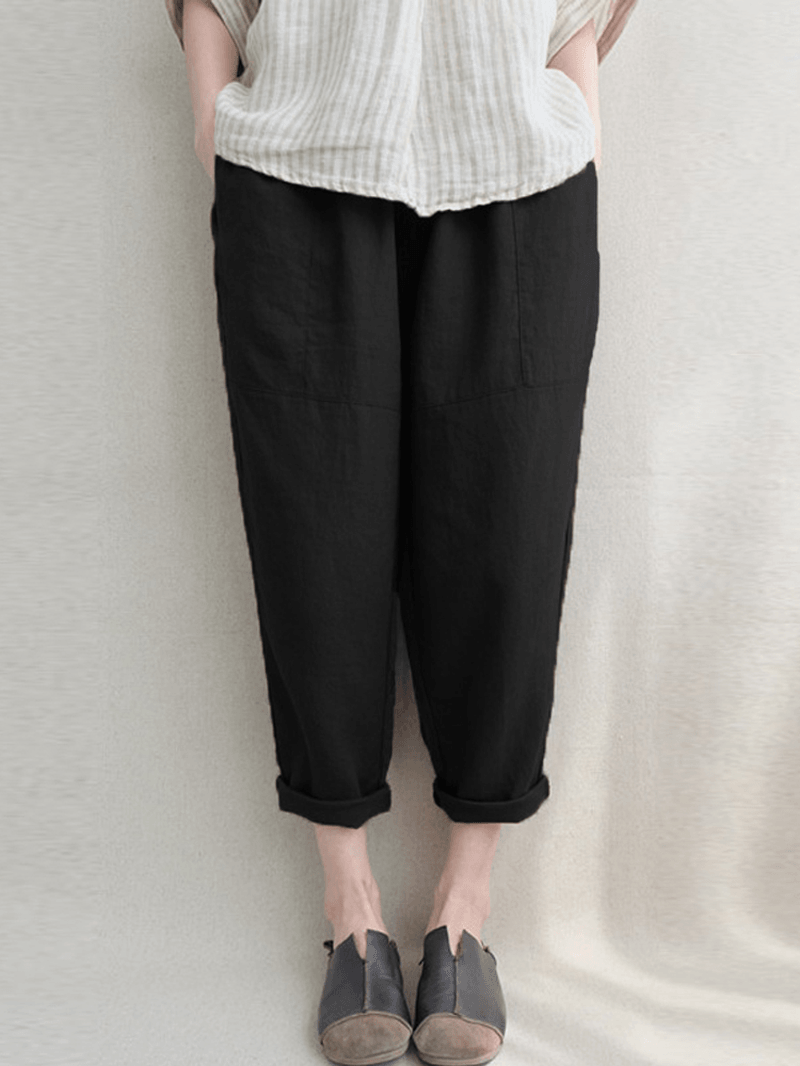 Women Vintage High Elastic Waist Solid Loose Cotton Harem Pants - MRSLM