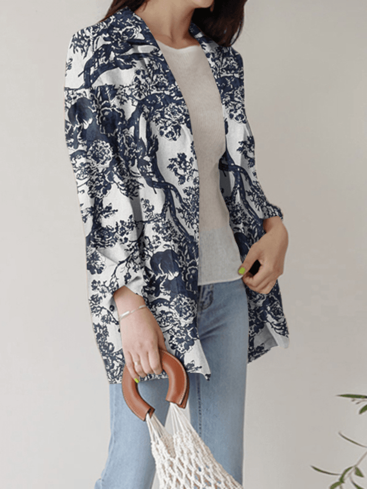 Women Loose Lapel Full Sleeve Floral Casual Side Pockets Coat