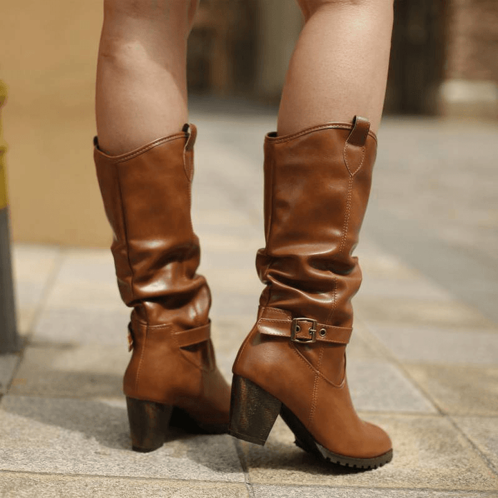 Women Large Size Buckle Belt Decor Mid Calf Chunky Heel Riding Boots