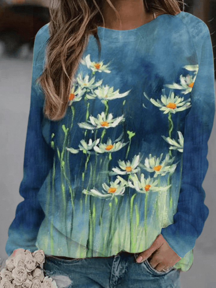 Women Floral Art Illustration Print round Neck Long Sleeve Blouses