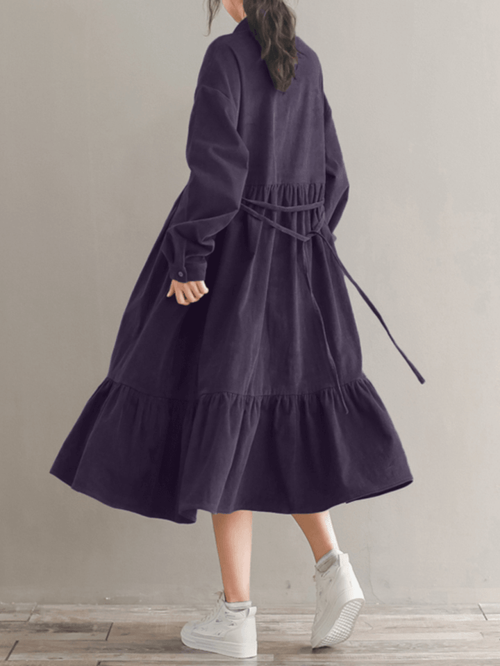 Women Corduroy Casuallace-Up Ruffles Hem Loose Full Sleeve Mid-Calf Length Midi Dress