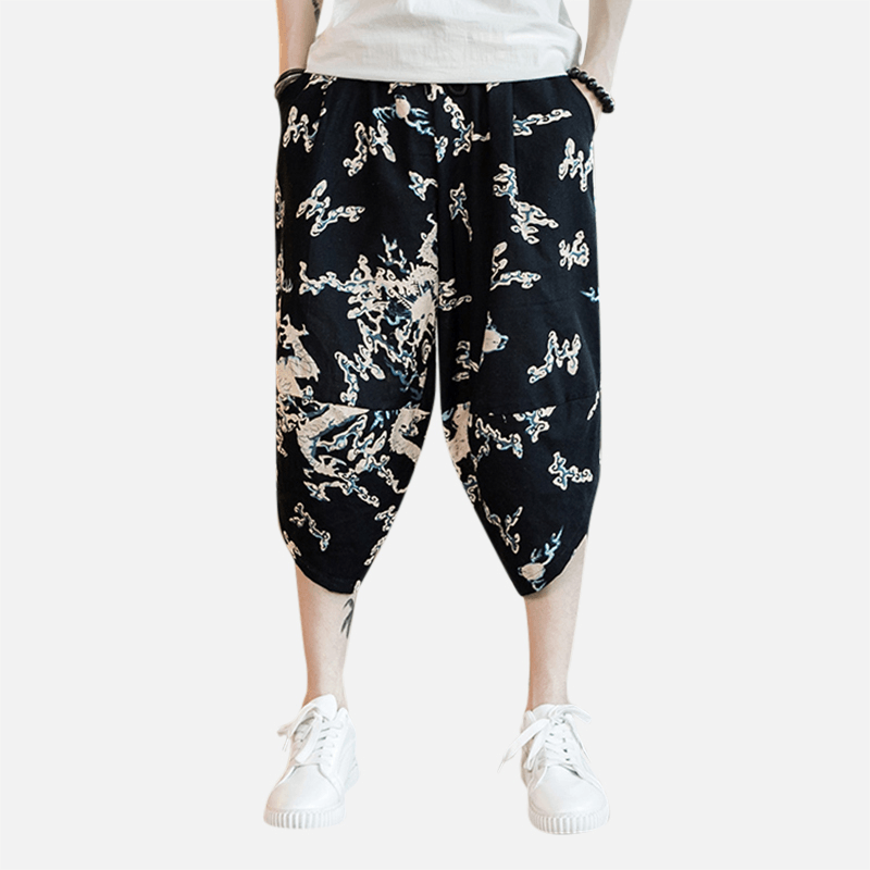 Mens Summer Chinese Style Linen Printing Calf Pants