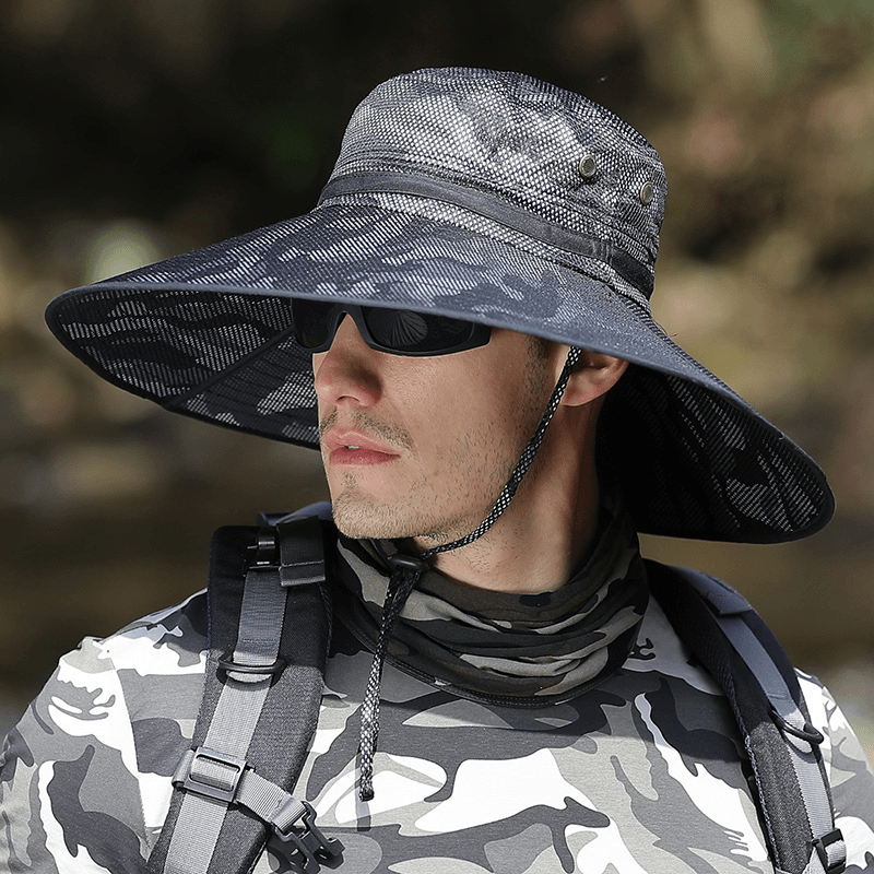 K51 Men'S Summer Hat Outdoor Sun Screen Camouflage Hiking Hats Cycling Fishing Cap Big Brim Fisherman Hat UV Protection