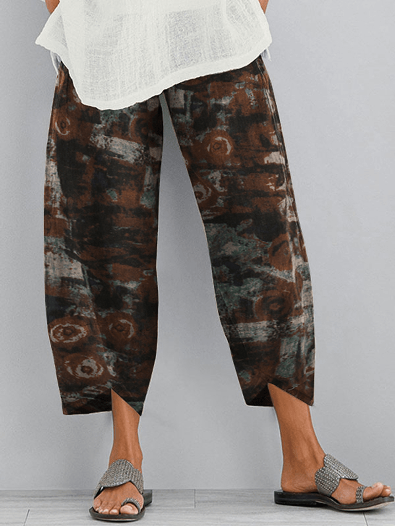 Floral Print Elastic Wasit Loose Irregular Hem Pocket Pants for Women