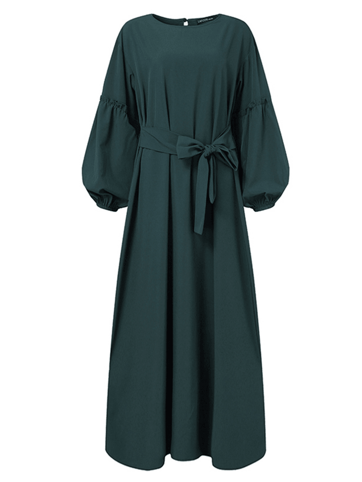 Women Long Sleeve Solid Color Belted O-Neck Button Maxi Dress