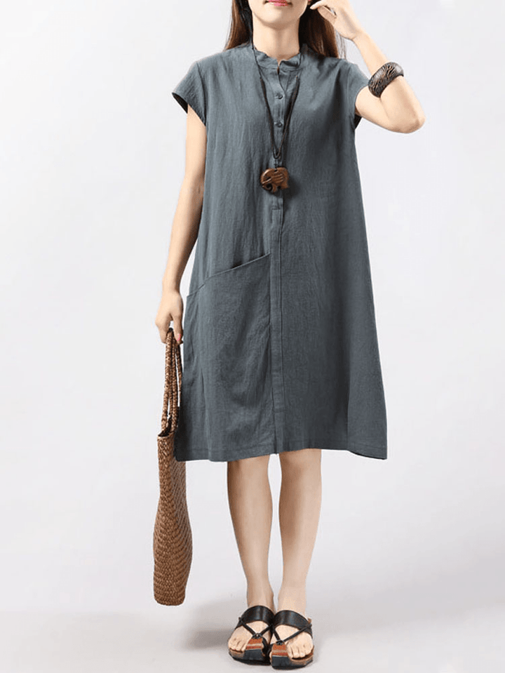 Women Short Sleeve Button Solid Color Casual Dress